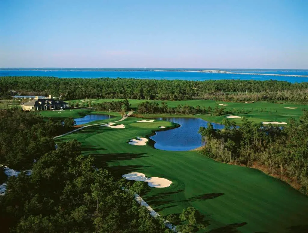 Aerial view of Kelly Plantation golf course and Choctawhatchee Bay