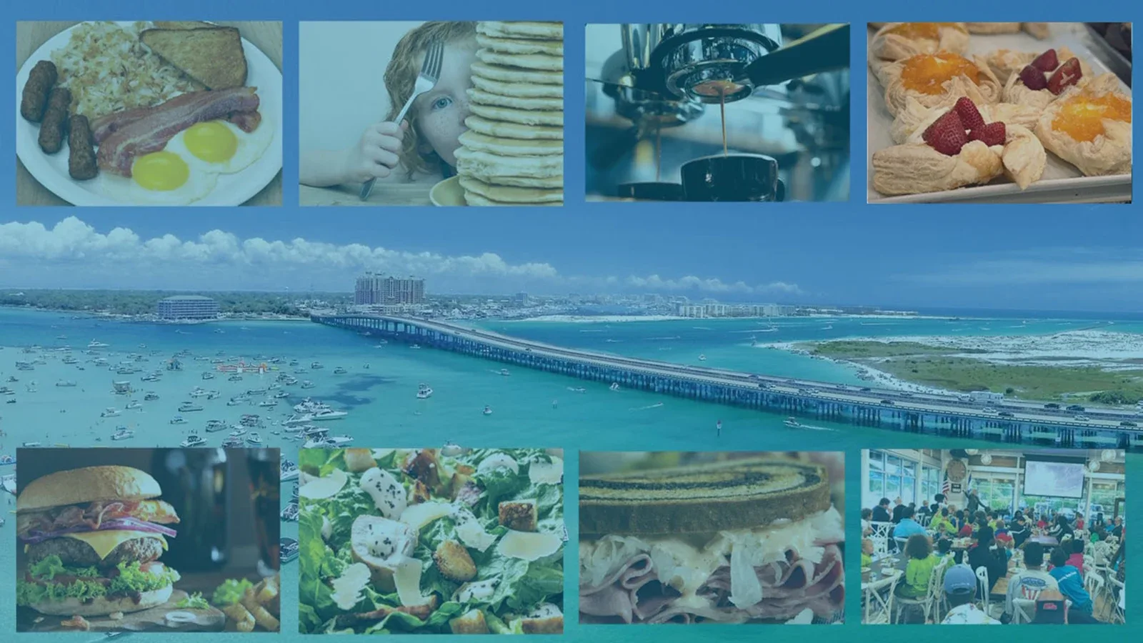 Official Café Destin collage showing breakfast dishes, coffee, sandwiches, and the Destin waterfront.