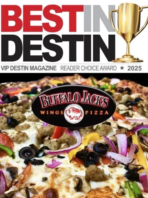Buffalo Jack’s pizza photograph with restaurant branding and its Best in Destin 2025 award.