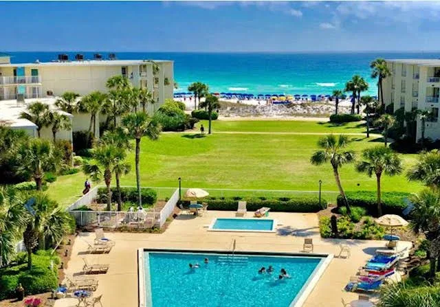 Silver Dunes condominium buildings, courtyard, pool and beach in Destin