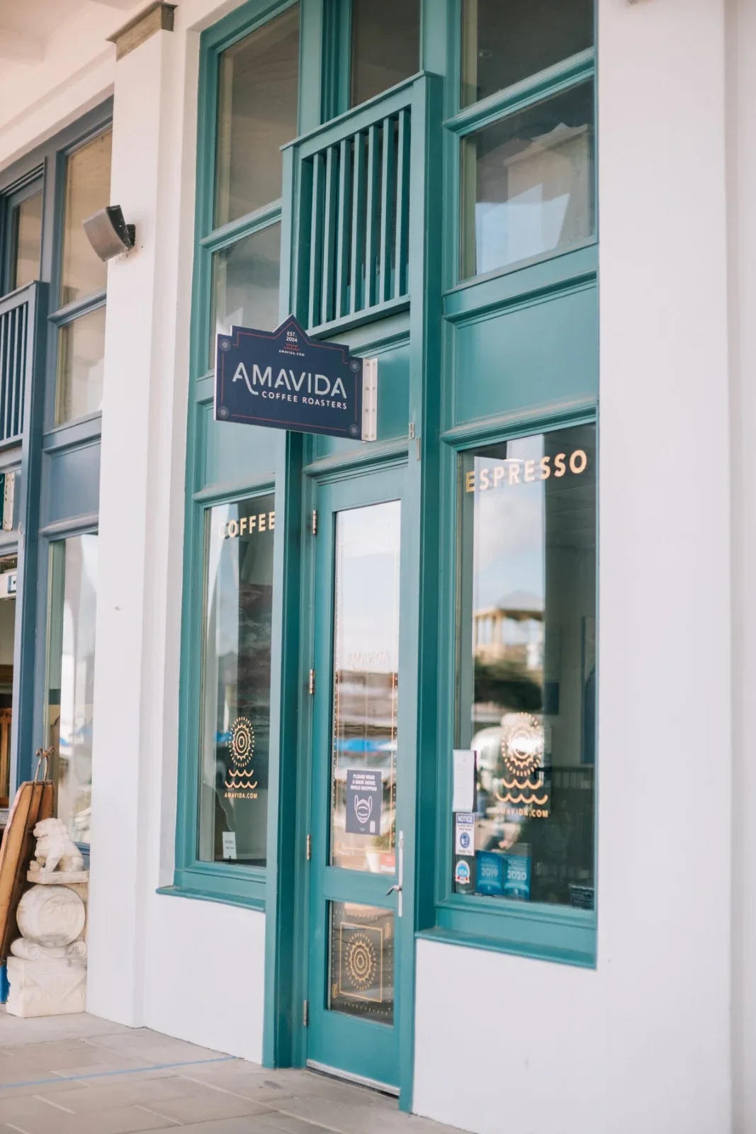 Amavida Coffee & Tea storefront in Seaside, Florida.